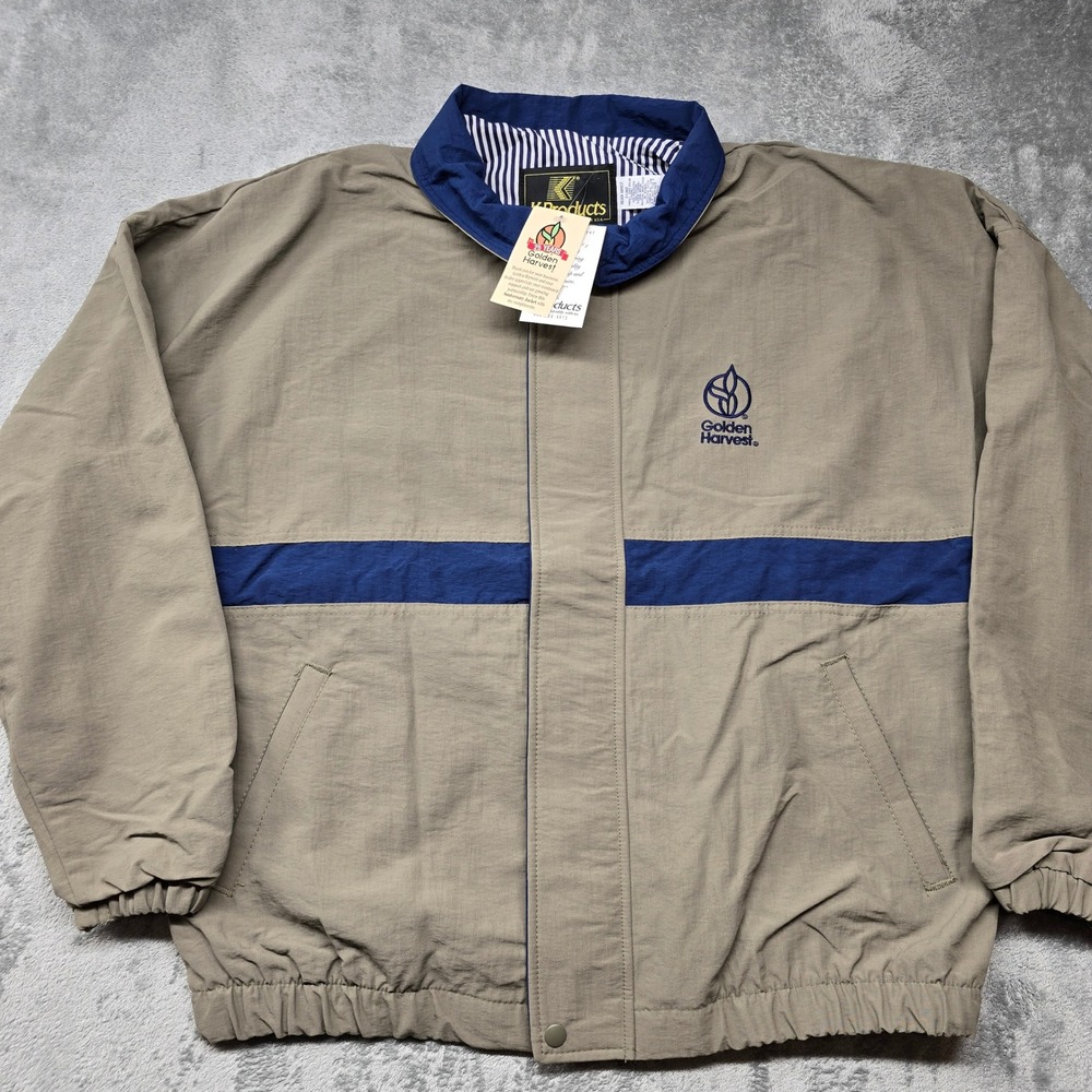 NWT Vintage K‎ Products Golden Harvest Jacket Mens XL Tan/Blue Stripe Lined Logo